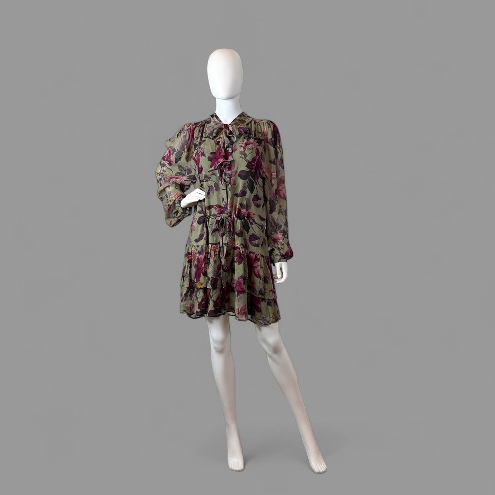 PAIGE Elias Floral 100% Silk Tie Neck Tiered Mini Dress Green Purple L